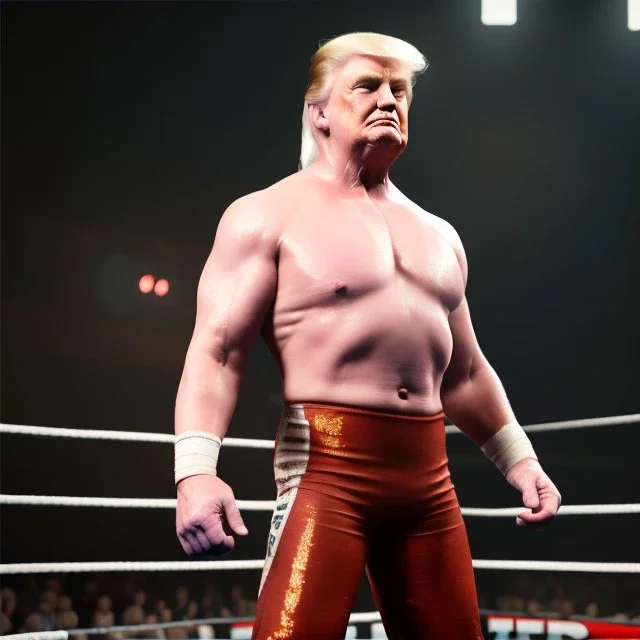 Realistic photo, Wrestler Donald trump, wrestling, sweat, blood, red breeches, suspenders, retro style, 80s, hot ambient, photo studio, vibrant color, gradient, highly detailed, art stations, concept art, smooth, unreal engine 5, god rays, ray tracing, RTX, lumen lighting, ultra detail, volumetric lighting, 3d, finely drawn, high definition, high resolution.