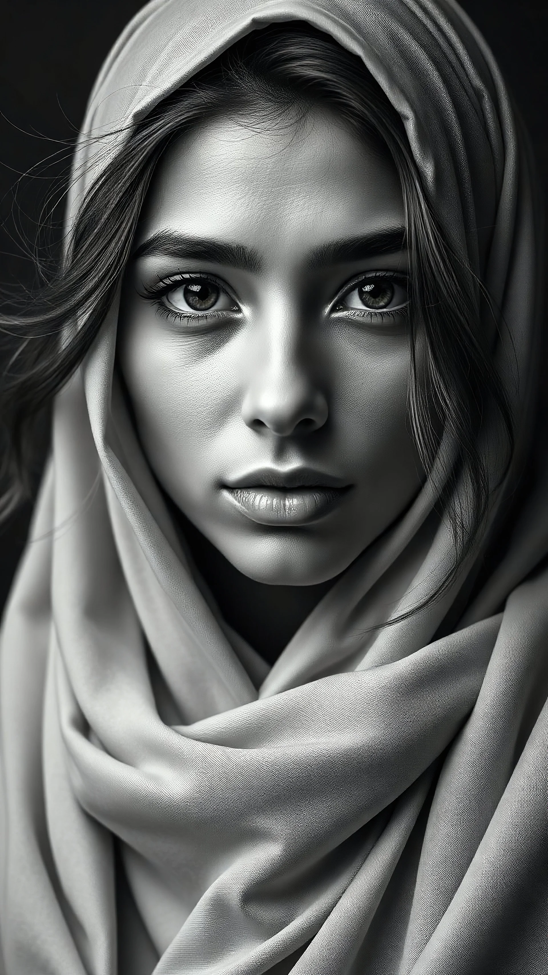 A stunningly lifelike portrait captures the essence of an elegant Arabian young woman, her features delicate and captivating. Dressed in a beautifully crafted Designer hijab, the image is a highly detailed, monochromatic masterpiece. Every strand of her flowing hair, each contour of her face, is depicted with breathtaking precision. The contrast of light and shadow, the intricate textures of fabric and skin, all combine to create a portrait so realistic, it almost appears to breathe. This work o