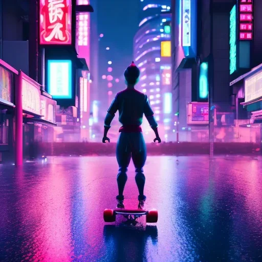 photo of a ninja riding a skateboard; in an alternate universe in tokyo; cyberpunk; realistic; rain; neon signs