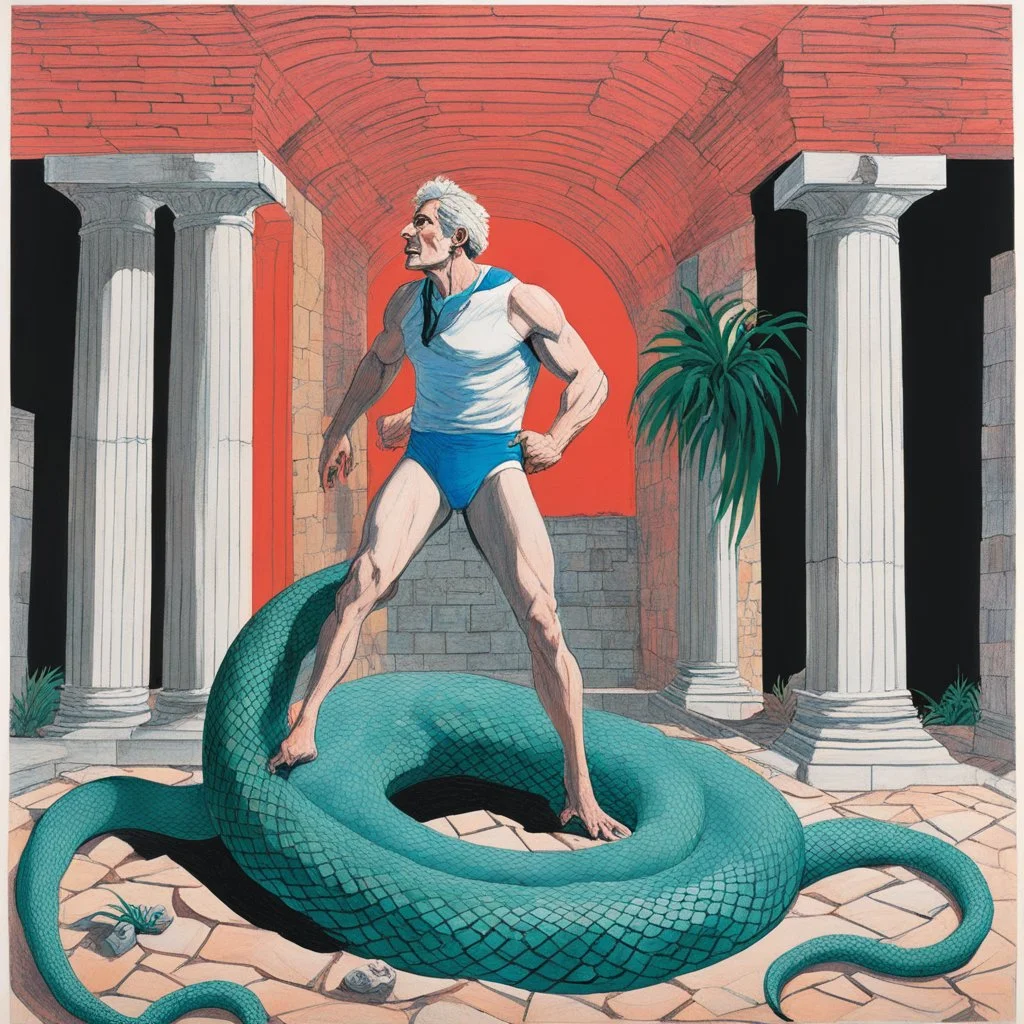 #5 Original Art by David Hockney (Vortex Comic, 1988): [greek god model in flesh] Trapped in a forgotten temple, a man fights against two immense serpents. his face contort in pain, muscles straining against the relentless grip. His struggle embodies resilience and the pursuit of freedom. In the decaying ruins, his defiance resonates deeply. With unwavering determination, he refuses to yield. Bound by an unbreakable bond, he draw strength from each other. his battle echoe