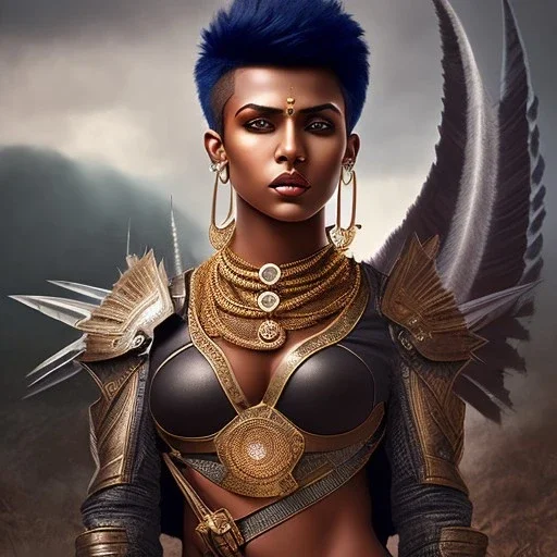 fantasy setting, woman, dark-skinned, indian, ranger, 23 years old, mohawk haircut,