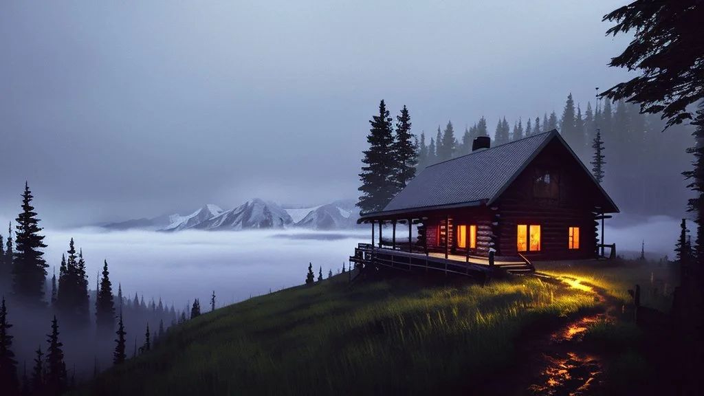 cabin in the mountain forest, moonlight, intense mist, macabre escene, zombie atmosphere, clouds, no people, dead animals, high definition, good understanding of artificial intelligence, very darkness.