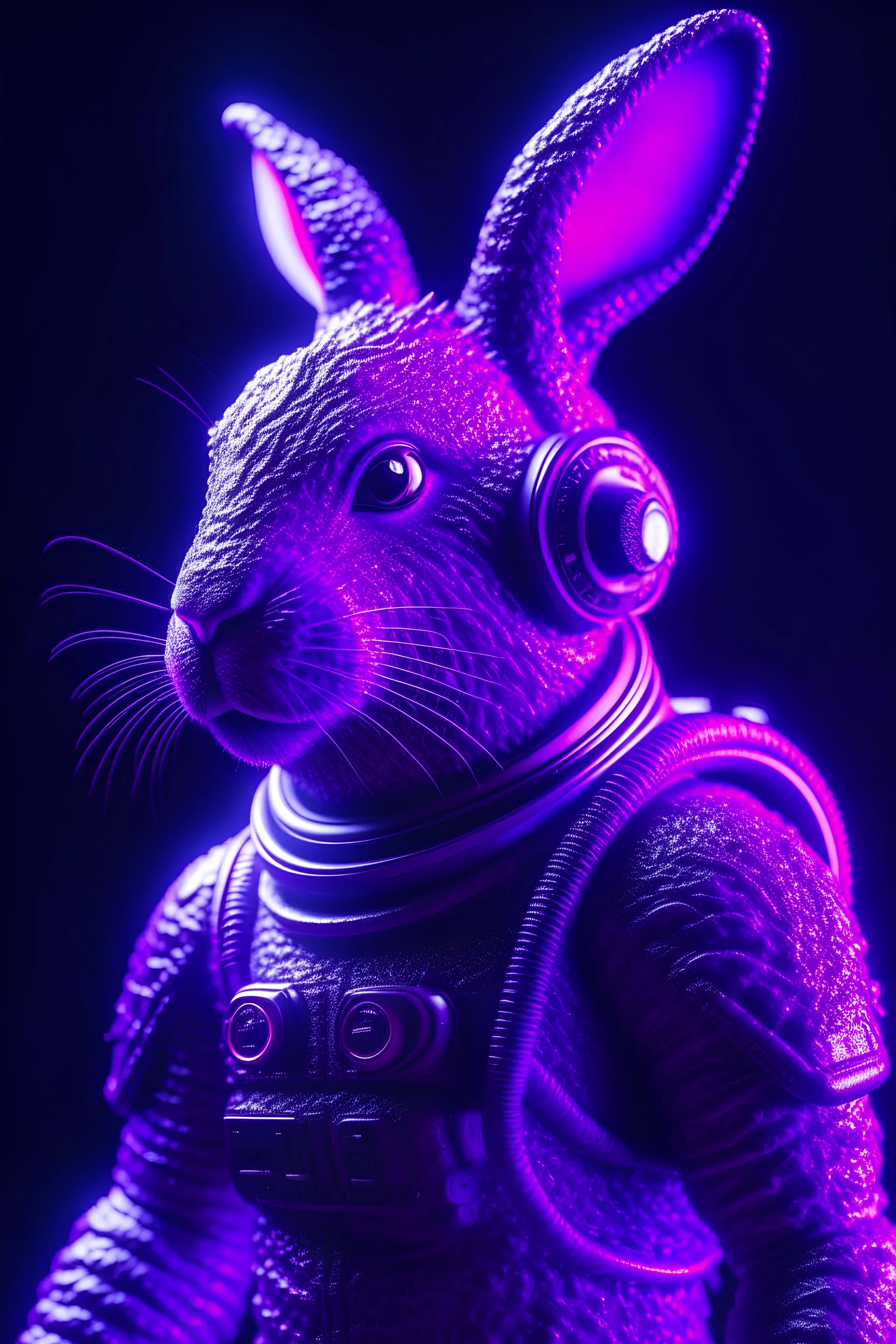 a dark purple head Bunny in space suits, surrealism, retro space, full body, volumetric light, cinematic lightning, cgi rendering, unreal, trending Artstation, ultra detailed, intricate