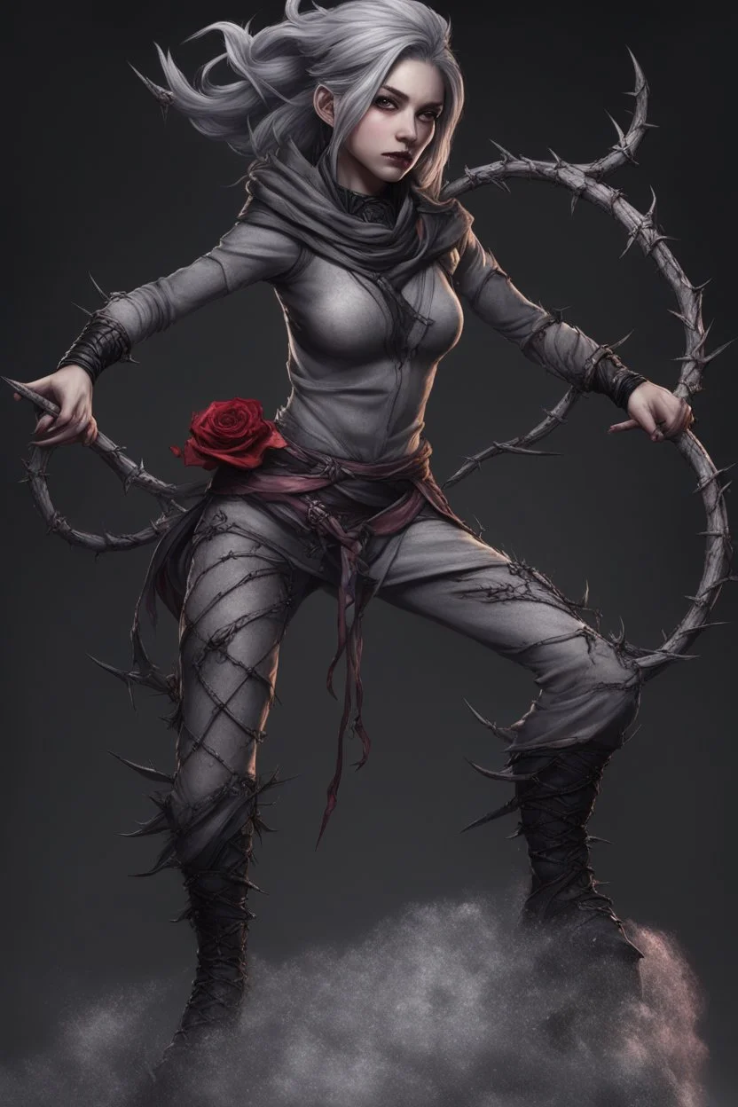 female gray skin, Shadar-Kai wielding a Whip made out of black thorns, clothes with a dark rose theme