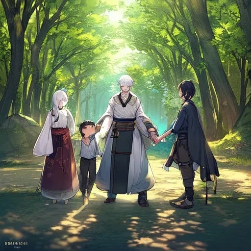 Girl with white hair. Boy with black hair wearing peasant clothes. Forest path background