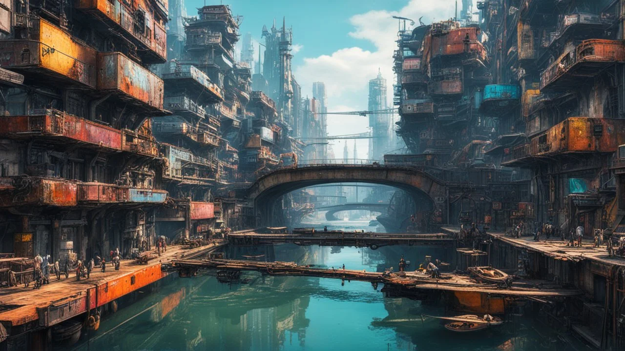 Water-level view of buildings made of reused dirty rusty metal on a futuristic canal junction, cyberpunk, many painted colours, flying boats, balconies, bridges, people, shopping, eating, walking, fifth element, ghost in the shell, altered carbon