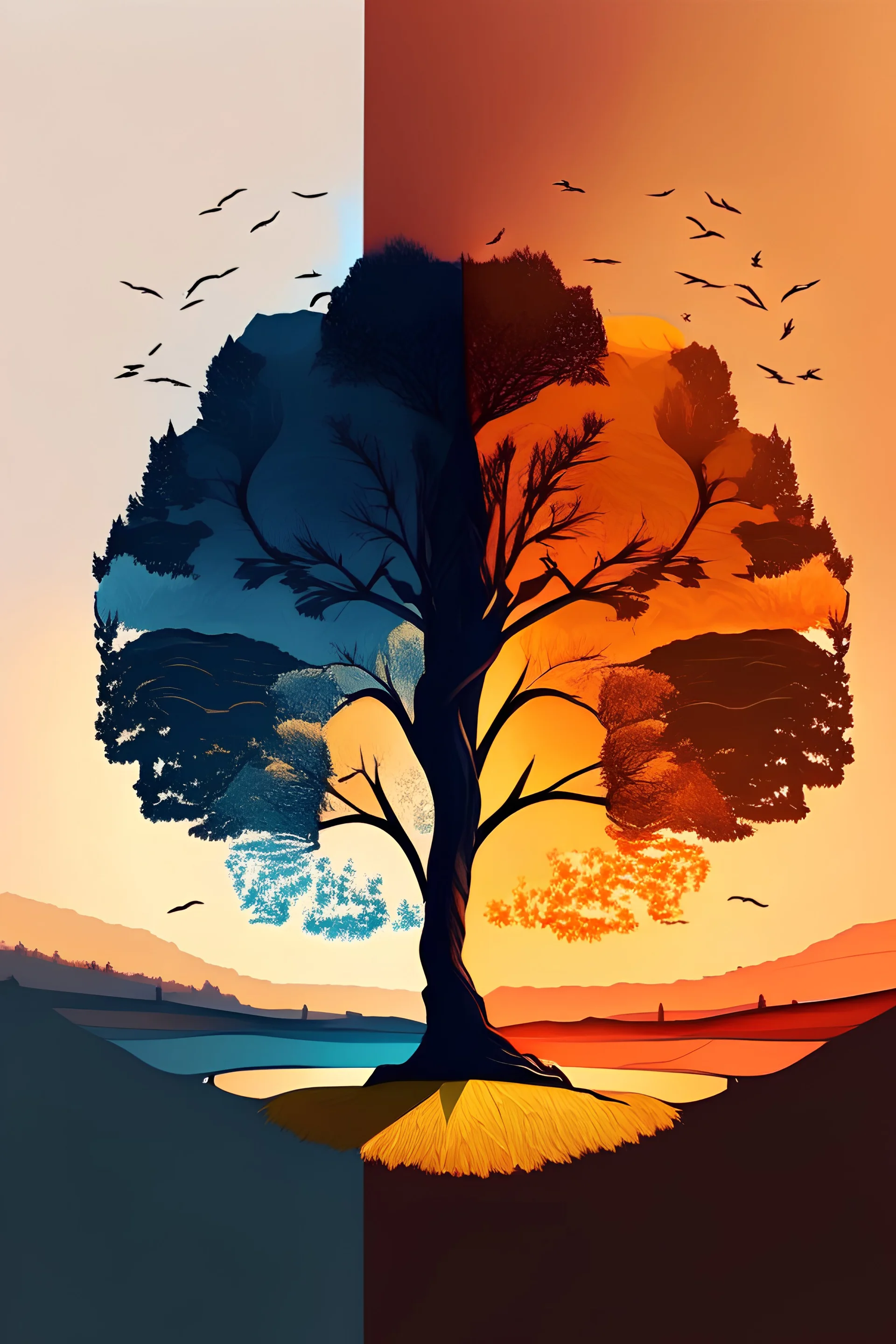 Draw me a symmetrical landscape with half day with warm colors and half night with cool colors separated by a tree.