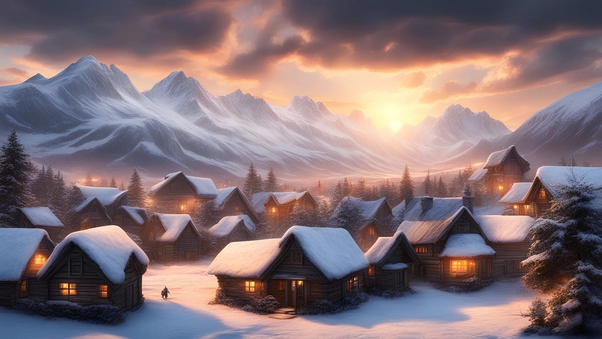 Hyper Realistic village cloudy sunset & snowy mountains