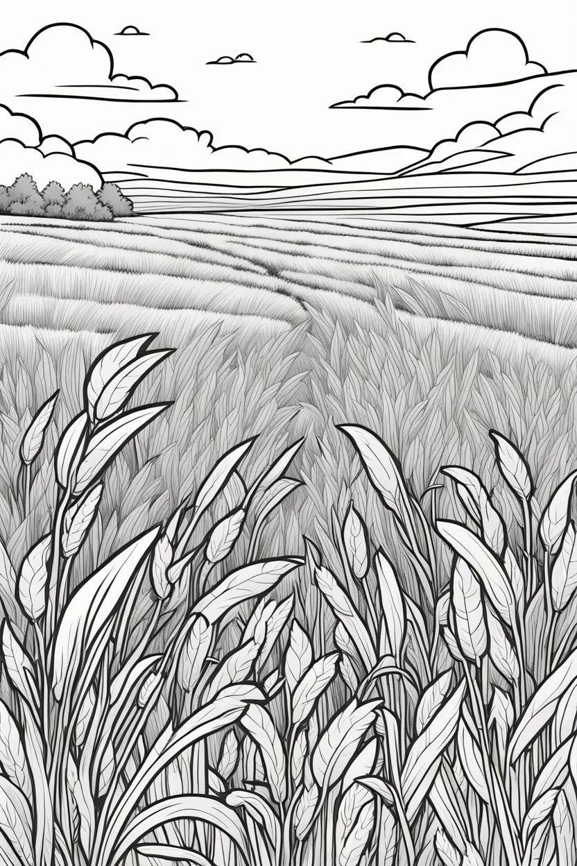 coloring page, field of wheat, cartoon style, thick lines, low detail, no shading