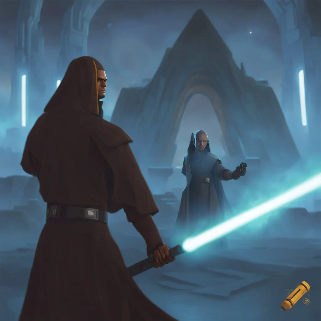 star wars bald male corellian jedi pilot wearing black and gunmetal grey old republic armored robes with gold trim, alone, battle-ready Jedi Master defending a ruined ancient city surrounded by golden light, centered head and shoulders portrait, hyperdetailed, dynamic lighting, hyperdetailed background, 8k resolution, volumetric lighting, light skin, fully symmetric details