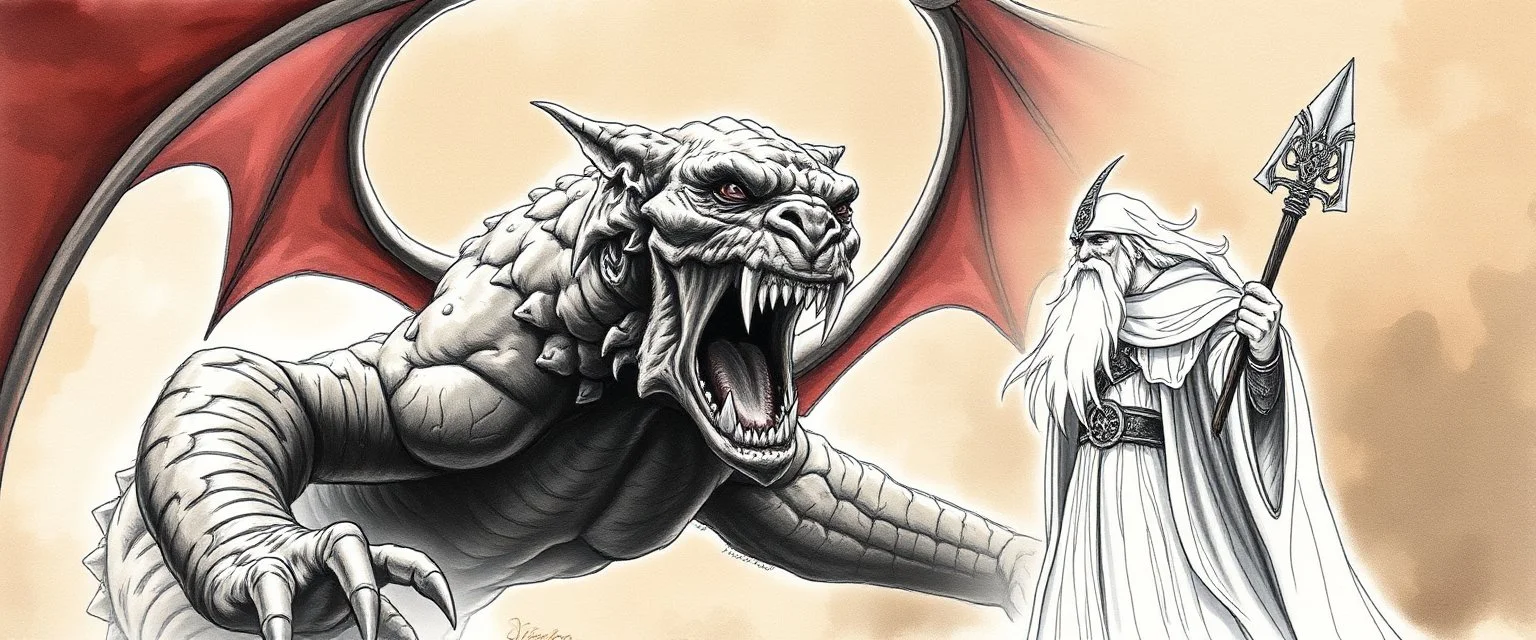 balrog and bride vs gandalf , airbrush and pen outline