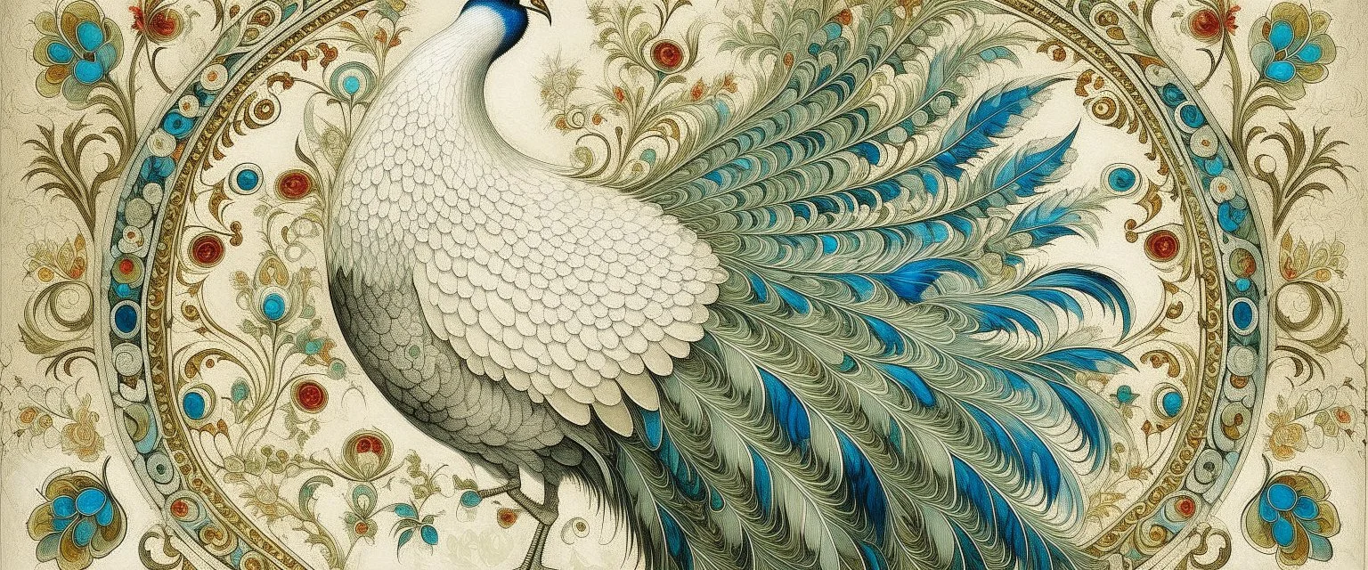 A white wind elemental peacock designed in German folk art painted by Leonardo da Vinci