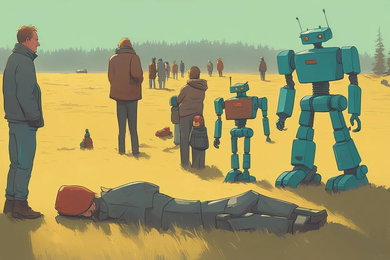 people from Sweden watching robots fight in background, cartoon style Simon Stålenhag