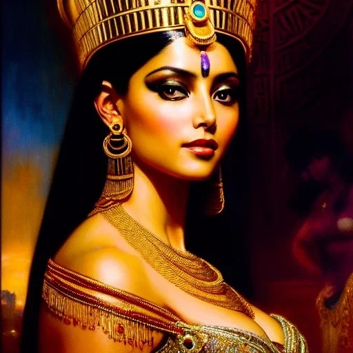 Drawing of beautiful face,busty 'cleopatra',throne,hieroglyphics,balanciaga fashion clothe painting by gaston bussiere, greg rutkowski, yoji shinkawa, yoshitaka amano, tsutomu nihei, donato giancola, tim hildebrandt, oil on canvas, cinematic composition, extreme detail,fit full head inside picture,16k