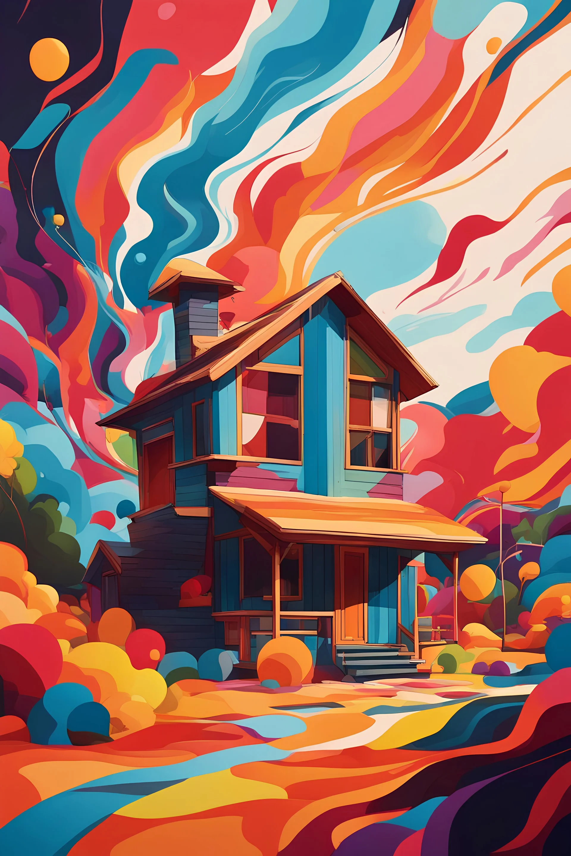 A colorful dream home, trees, balloons, cartoon style