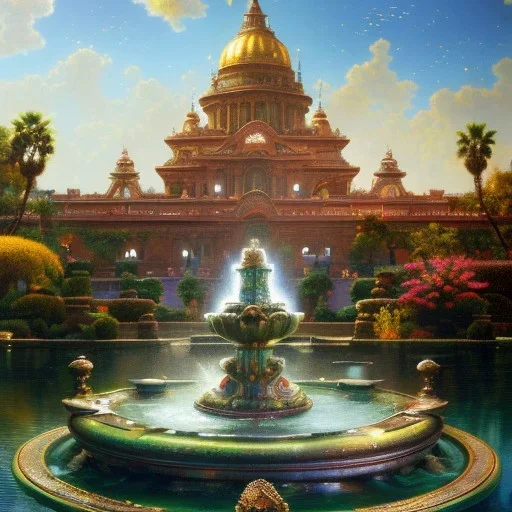 Hyperdetailed oil on canvas, young robyn lively by an ornate fountain, goldfish pond, lotus, detailed face, long muti-hued red curly hair; by gaspar camps, maxfield parrish, alphonse mucha, cyril rolando, dan mumford; luminous colorful sparkles, glitter, airbrush, octane render, volumetric lighting, 16k