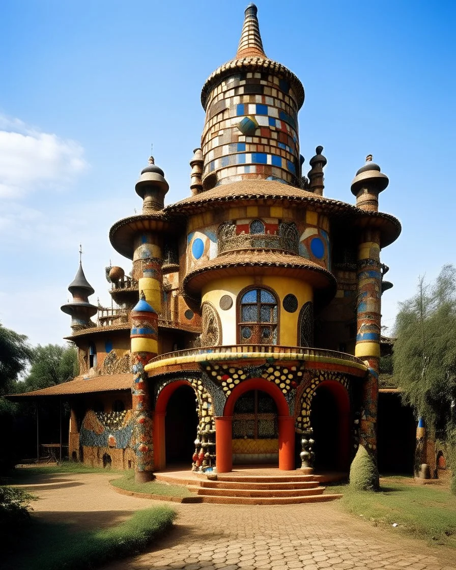 A brownish bronze castle with a fighter's arena designed in African pottery painted by Wassily Kandinsky