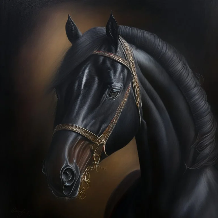 An oil painting of a dark mater horse