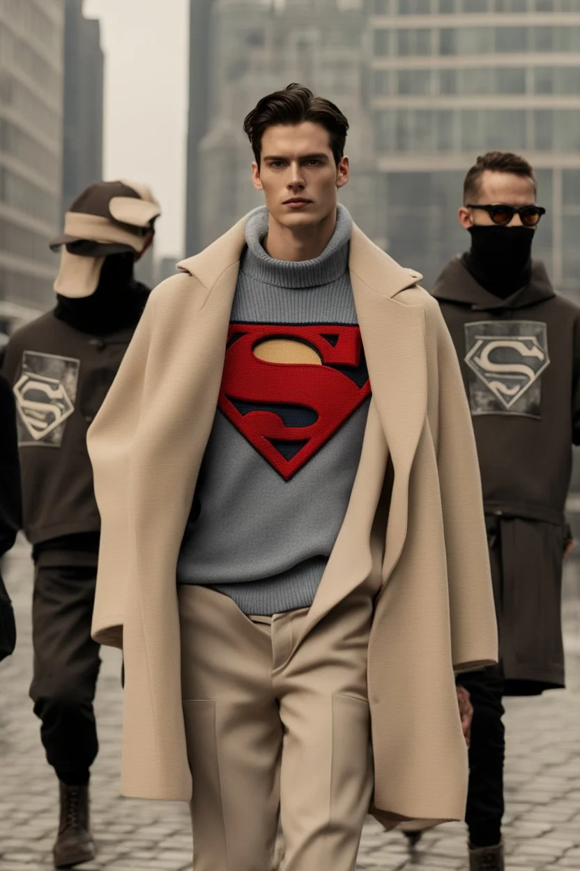 a men winter fashion runway Superman with industrial clothes inspired by Superman Emblem style, embroidery sweaters fashion beige tones