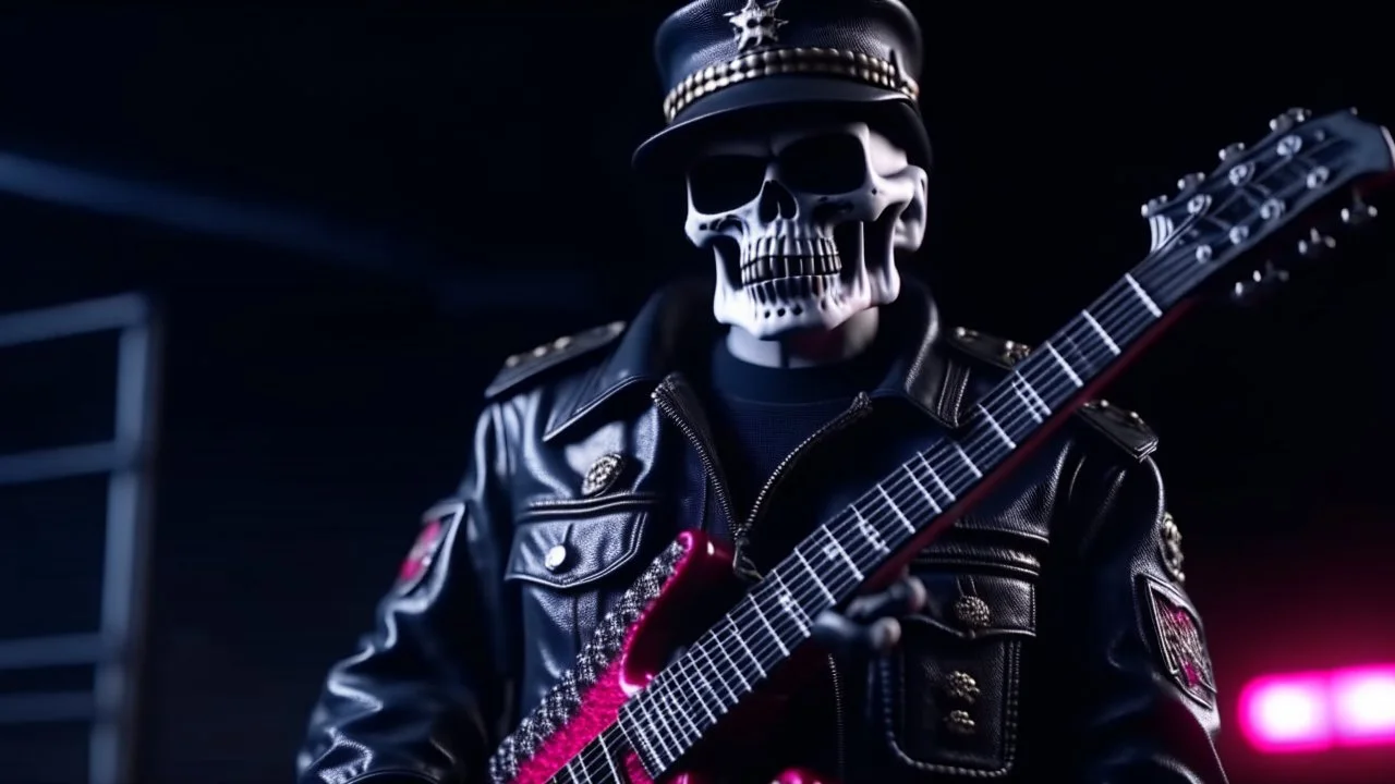 4k realistic full détails. Logo émission radio. Terminator wearing an uniform like angus young is playing guitar