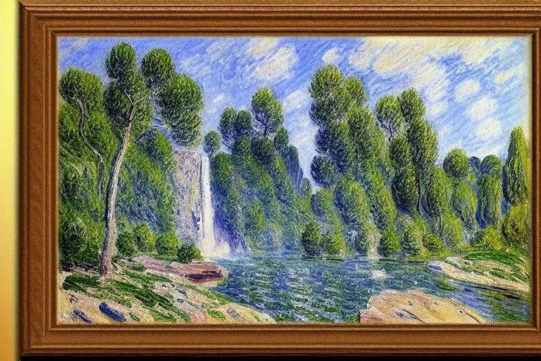 Big epic waterfall, rocks, trees, alfred sisley impressionism painting