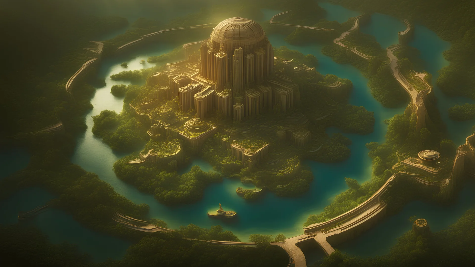 This 8K high-definition image depicts the scene of Atlantis. Rich architecture and vegetation adorn its surface, while iconic ring-shaped structures are distributed across the landscape, showcasing the prosperity of an advanced civilization. The interplay of light and shadow highlights intricate details, creating a mysterious and grandiose portrayal that invites contemplation of the splendor of this civilization. Bright rich colors and gold, grand in scale highly detailed