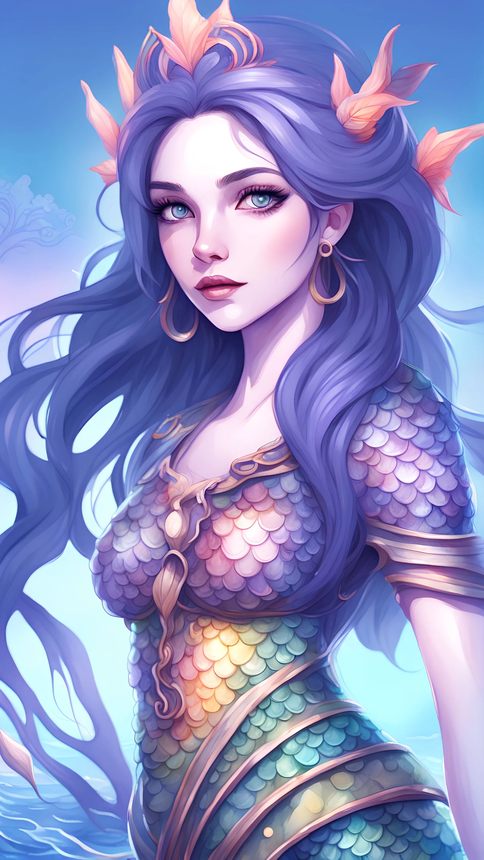 beautiful mermaid ,full figure, fish tail,watercolor, beautiful face, beautiful eyes, purple eyes, black hair, clean design, art station, splash of colorful paint, cute fishes, contour, hyperdetailed intricately detailed, unreal engine, fantastical, intricate detail, splash screen, complementary colors, fantasy concept art, 8k resolution, pale skin, twilight, extreme quality, extremely detailed, ultra-detailed face, ultra hd 8k,