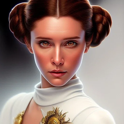 stunning and hyperdetailed half-body portrait photo of princess leia from Star Wars, hazel iris, wlop, artgerm, akihiko yoshida, and liang xing, detailed face, doe eyes, intricate braided hair style, symmetrical eyes, trending on artstation, highly detailed, white dress, dynamic pose, intricate outfit, space ship and galaxy background