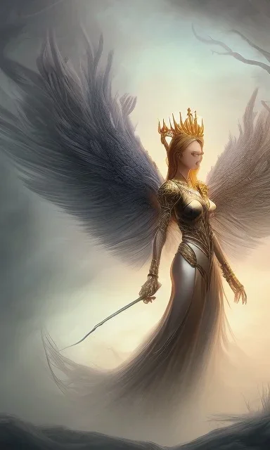 Female angel with beautiful perfect face big wings and golden crown floating above the ground in the dark enviroment, anatomically correct, michelangelo style, detailed, world of warcraft style, dark forest, trees, painting, brush strokes, 8k, dark forest in the background, epic scene, epic painting