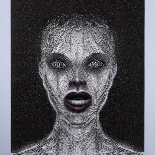 Silver on black paper portrait of female face of migraine, face distorted with pain, reverse colors, screaming, tears streaming from eyes, colorless, glitchcore, dystopian, horror, ultra realist texture, intricate line drawing,