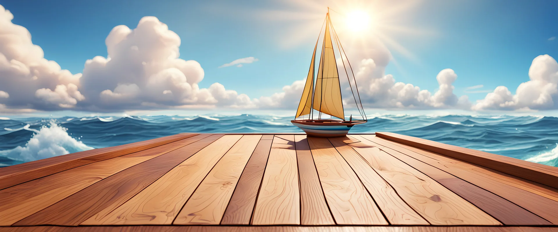 Background: sailboat on a fun colorful ocean on a bright sunny day landscape, clouds, cartoon asset, clean Details: wooden deck, waves, sunshine. Camera: side angle, 45°, 35 mm. Lighting: high noon sun, LED lights. cartoon style