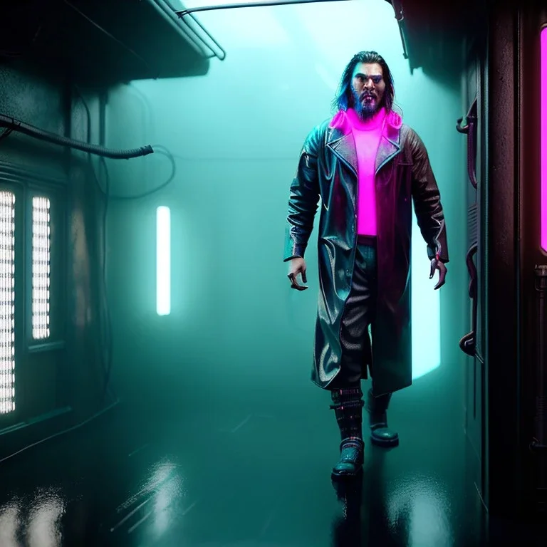 Actor, jason momoa, blade runner style, rain, fog, neon ambient, gradient color, clean skin, circuits, latex coat, cyber punk, neon, tubes, portrait, photo studio, unreal engine 5, smooth color, 16 bit, god lights, ray tracing, RTX, lumen lighting, ultra deatail, volumetric lighting, 3d, finely drawn, hd.