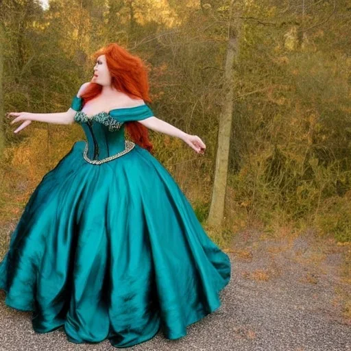 Picture of a princess with long auburn hair in a big teal green and gold satin ballgown corset off shoulder top dancing