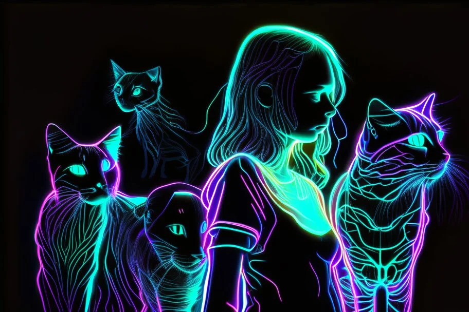 black background, outlines of a holographic girl and cats drawn from thin neon-coloured glowing lines