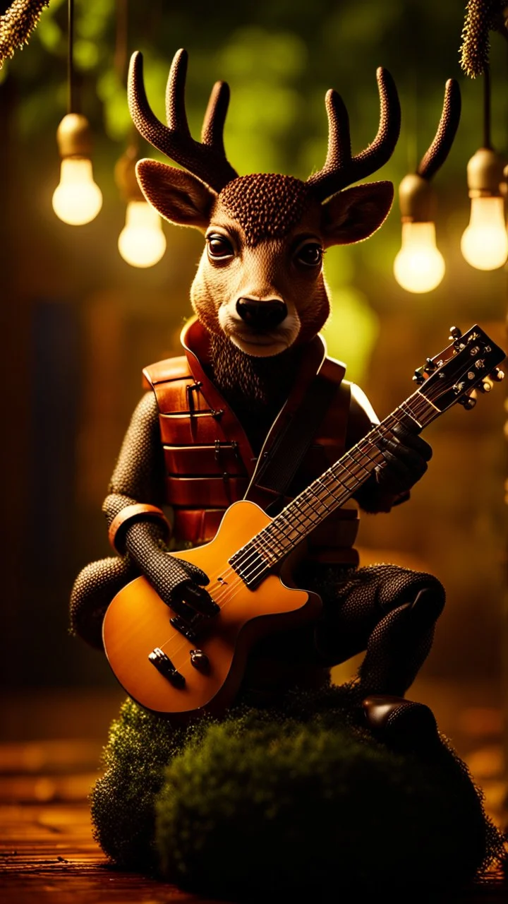 portrait of hairy rock guitar ninja deer living inside a tree house in a hollow huge tree growing light bulbs, singing into ornate studio mic,bokeh like f/0.8, tilt-shift lens 8k, high detail, smooth render, down-light, unreal engine, prize winning