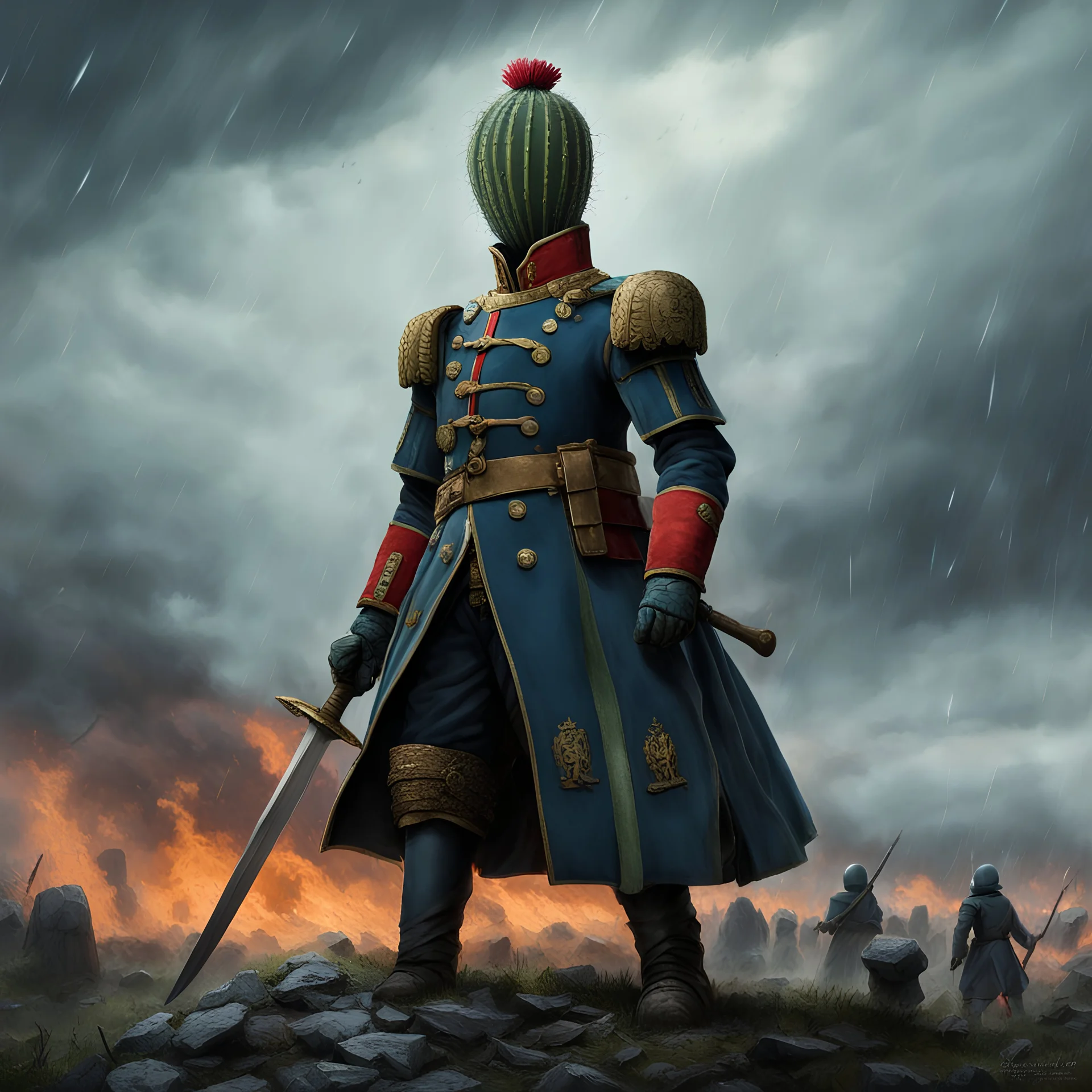 a heroic humanoid cactus wearing a blue prussian uniform, standing on a medieval battlefield, wielding a officer sabre during a storm, dark sky, burning sky, tattered banners, siege engines