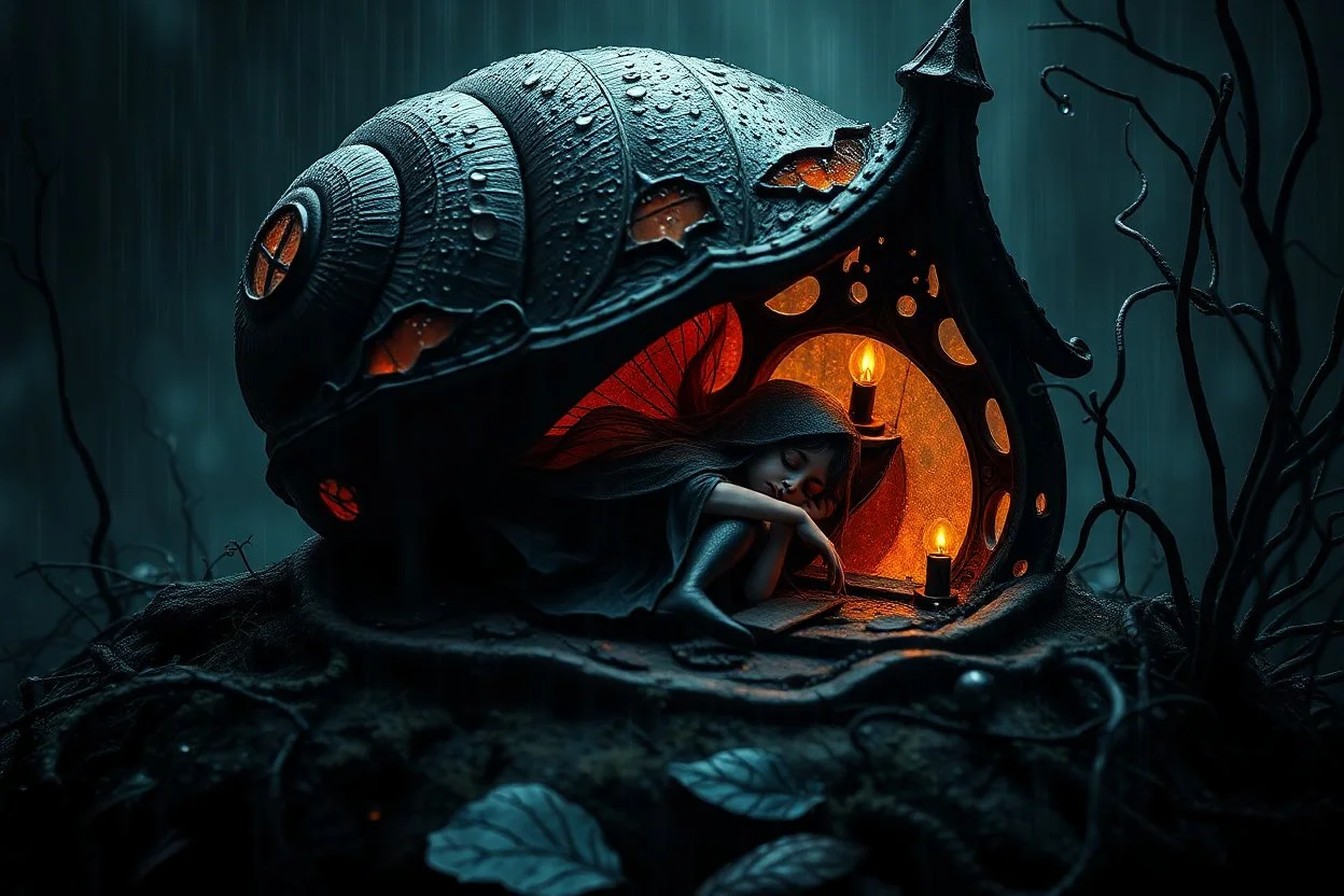 little dark witch fairy sleeps in her stunning lacy-onix gothic snail house, storm, rain, volumetric light, dark colors, rain drops, dark tendrils in background, fantasy, scifi, dark fantasy , dark stunning mood intricate details, beautifully shot, hyperrealistic, sharp focus, 64 megapixels, perfect composition