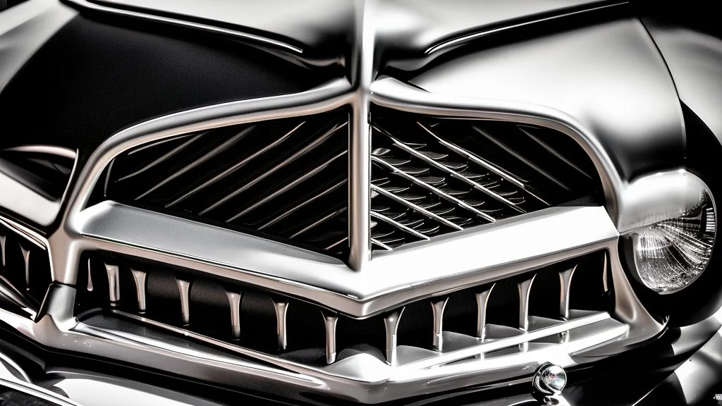 Photograph of a the front grill of a gorgeous, expensive, oldschool black muscle car with a big, black front grill, realistic, stylish, taken up close, symmetrical