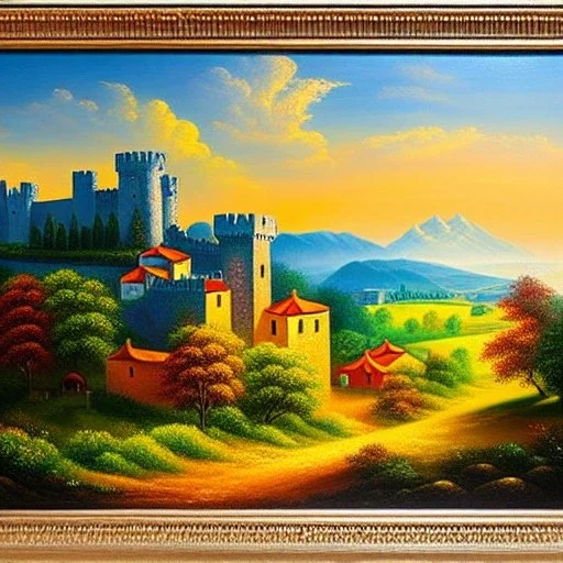 an ultradetailed painting of a popi village, castle, golden ratio, 8 k resolution, oil on canvas, landscape with Bright Colors, pop art