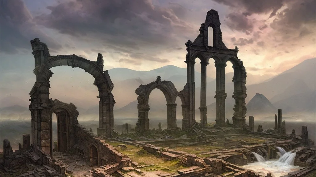 Destroyed City, medieval ruins, debris, stone, breched, brocken, Perspektiv from the sky, by Jean-Baptiste Monge, Ivan Bilibin, Albert Bierstadt, Reza Badrossama, watercolor ink, pencil sketch, splash art, intricate details, fantasy, beautiful, oil on canvas, award winning, imperial colours, fantastic view, radient colours, very attractive, crisp quality
