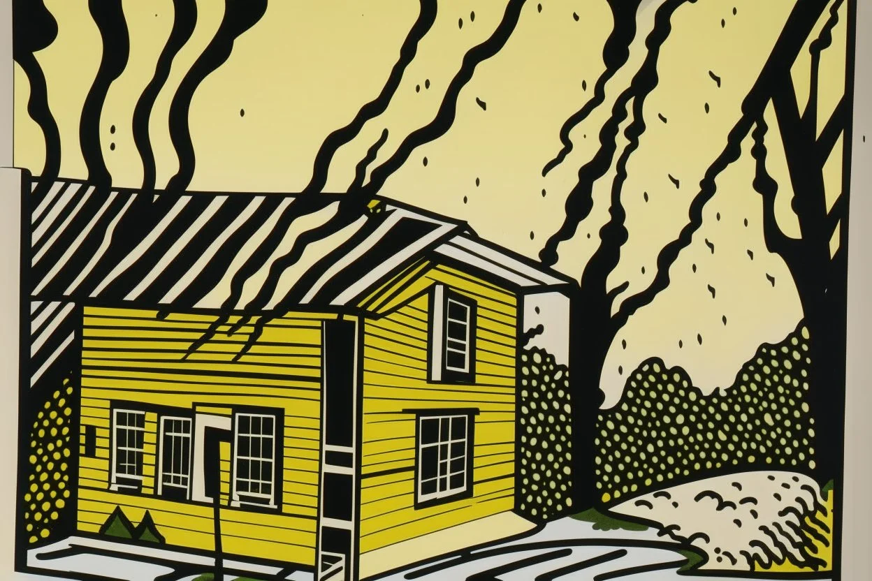 A pale ivory yellow district with a voodoo house in a thunderstorm painted by Roy Lichtenstein