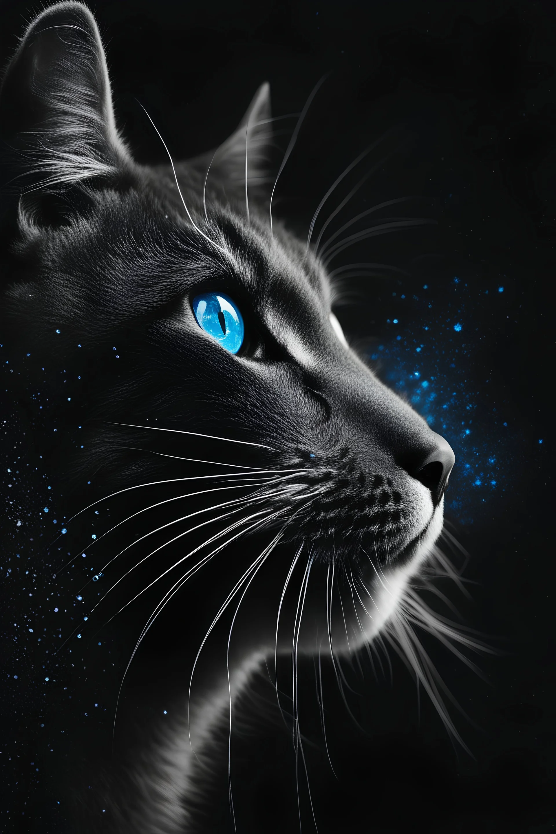 A mesmerizing minimalistic black and white glitter art piece, featuring a visually striking cat creeping up on the viewer. The cat has piercing blue eyes that exude sharp focus, and is surrounded by an ethereal glitter that seems to emanate from its body. The canvas background is a deep, dark black, which enhances the contrast and makes the cat appear to blend seamlessly with the shadows. The overall atmosphere of the piece is magical and enchanting, creating an irresistible allure that draws th