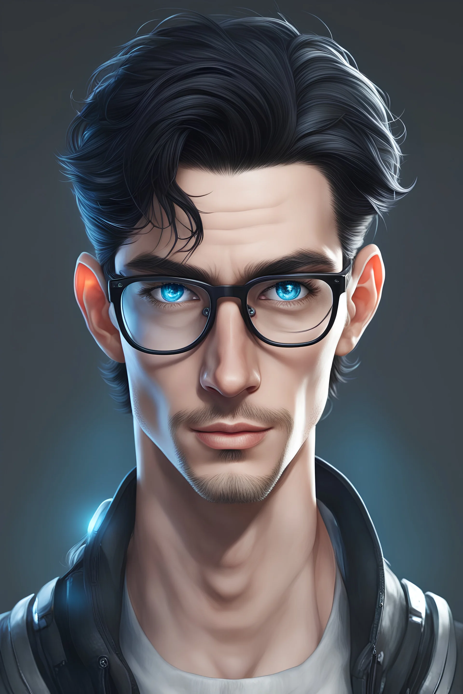 pale, skinny, long black hair, blue eyes, caucasian, male, adult, nerd, clean-shaved, glasses, it, sci-fi