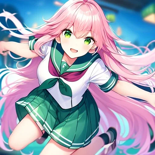 Clear focus,8k,Beatiful Lighting,Detailed, pink long fluffy hair, long fluffy bangs, green eyes, wearing a sailor uniform, jumping, happy