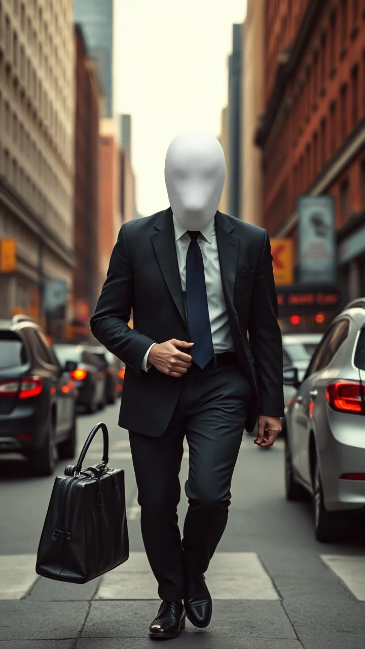 A man with suite carrying a business bag walking in the new York street , his head is a covered with white no eyes nose or mouth