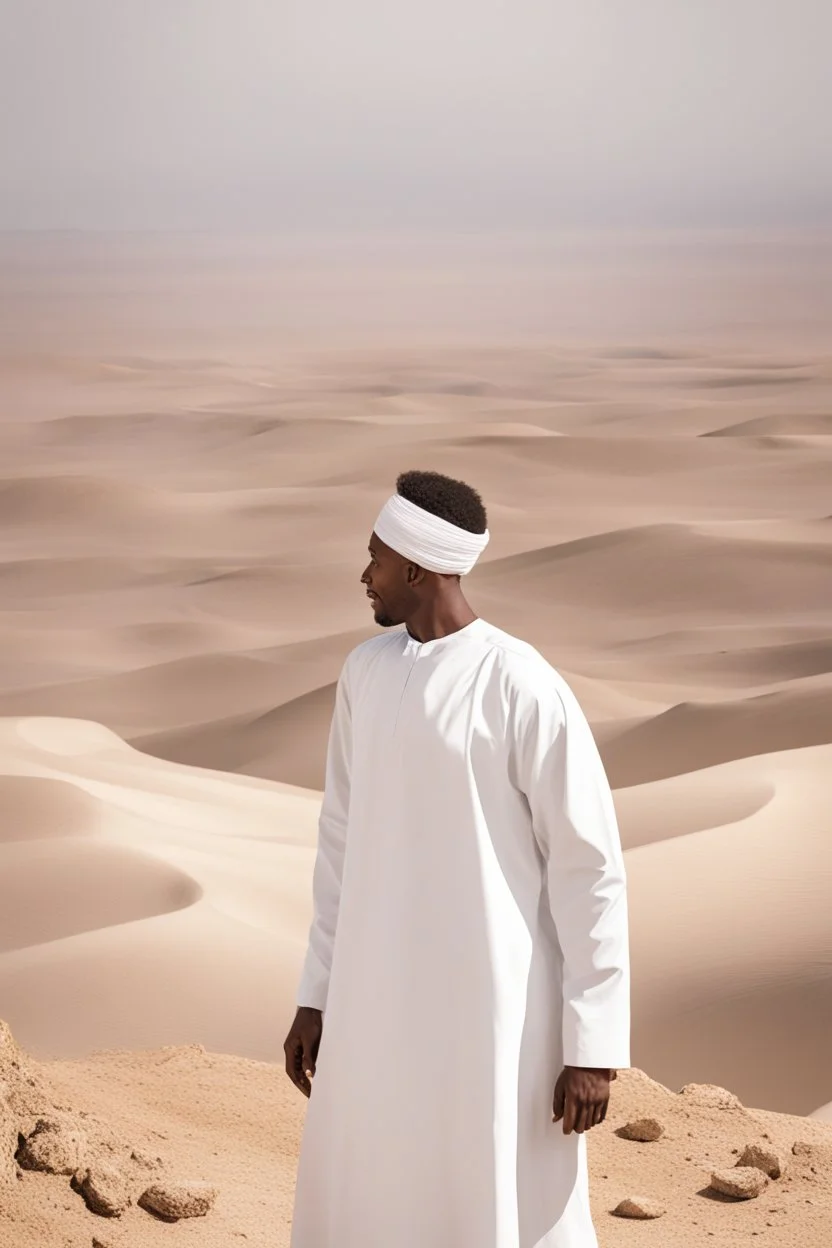 african man wearing white thobe. standing on high mountain looking out to the desert