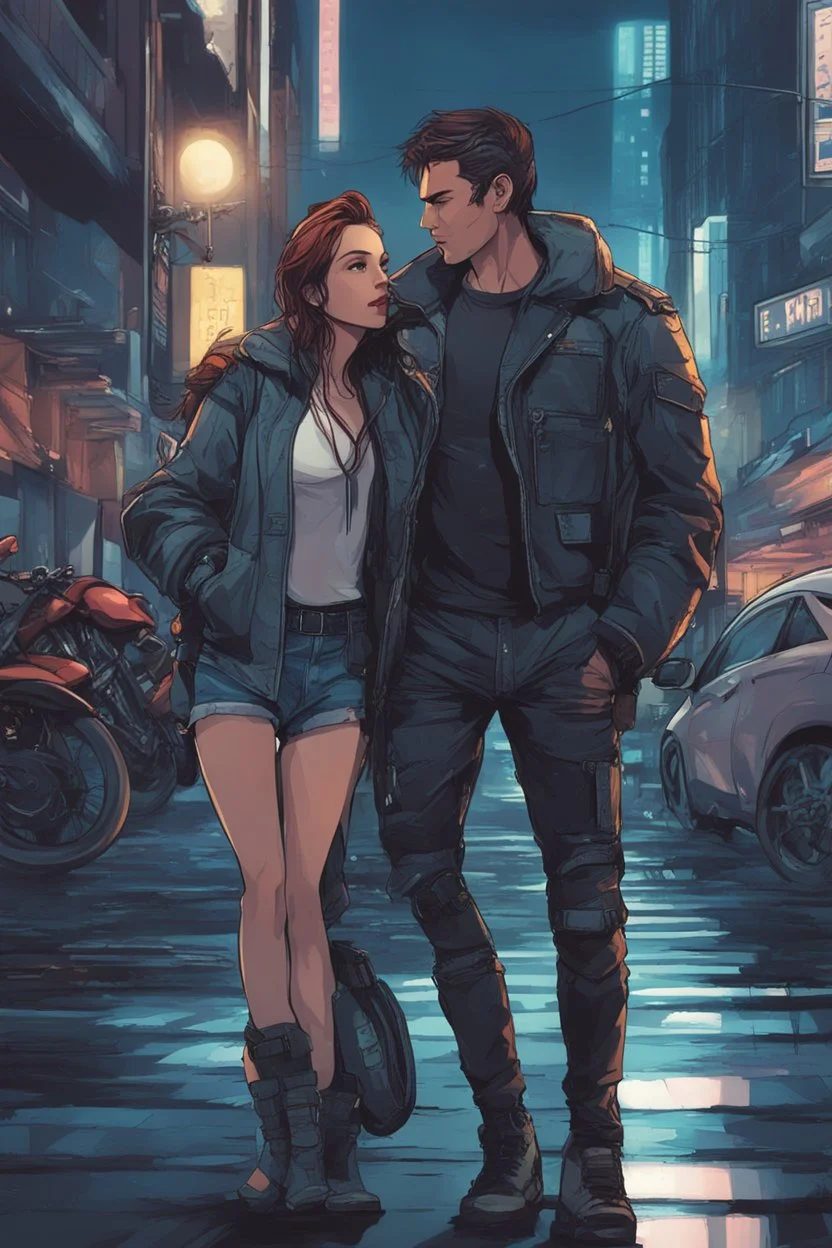 Science fiction, cyberpunk, city street, couple girl and guy, together, love at first sight, summer night motorcycle