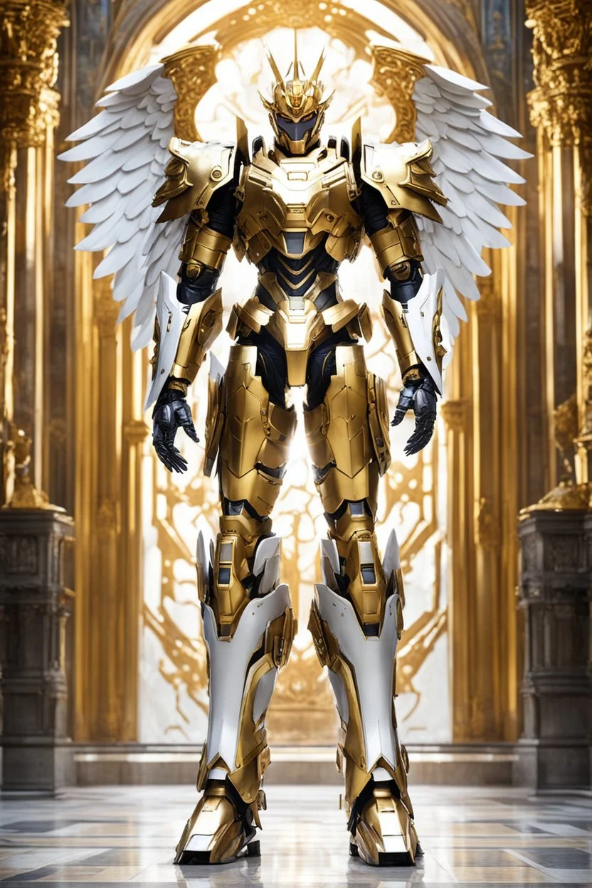 Full body Excellent pose style Facing front Photography a man as Angel king Cyborg dressing armor Mecha Robo Golden and palace background