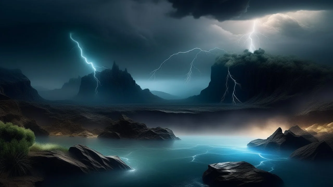 lago de obsidiana con acantilado marino y duna extraterrestre en un atmósfera de vapor y luz de relámpago