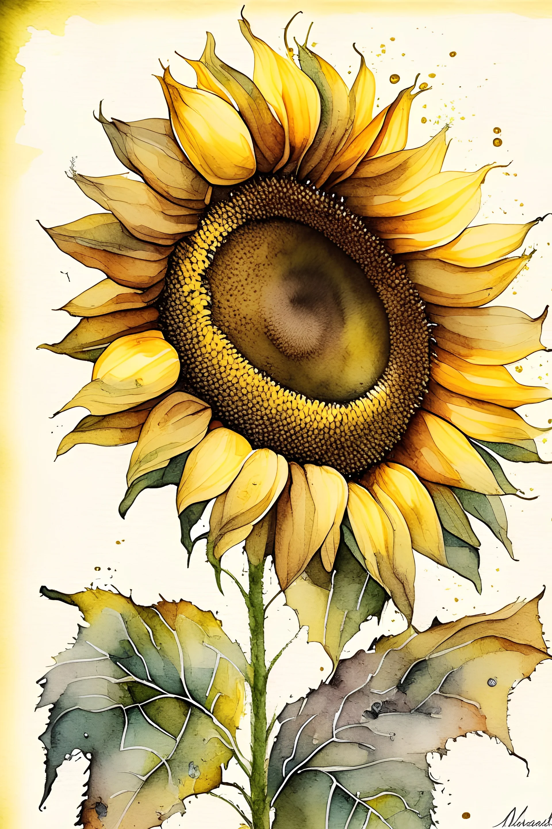 Create a watercolor clip art of a sunflower in full bloom, with vibrant, rich colors and intricate details. The sunflower should be the focal point of the artwork, showcasing its iconic yellow petals and dark brown center. The background should feature gentle, soft watercolor washes to complement and highlight the sunflower. The final artwork should exude a sense of warmth and natural beauty, with a high level of detail and realism